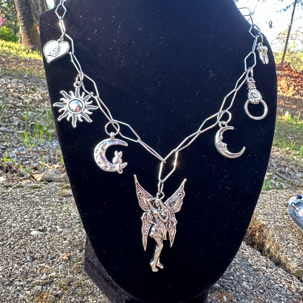 Silver Charm Necklace with Fairy and Moon Pendants
